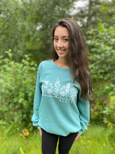 AK Flowers & Berries Crew Sweatshirt (with "Alaska")- Heather Lagoon